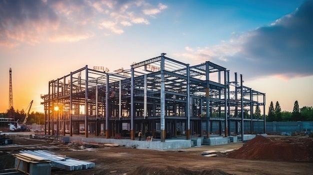Steel structural frame under construction at dusk